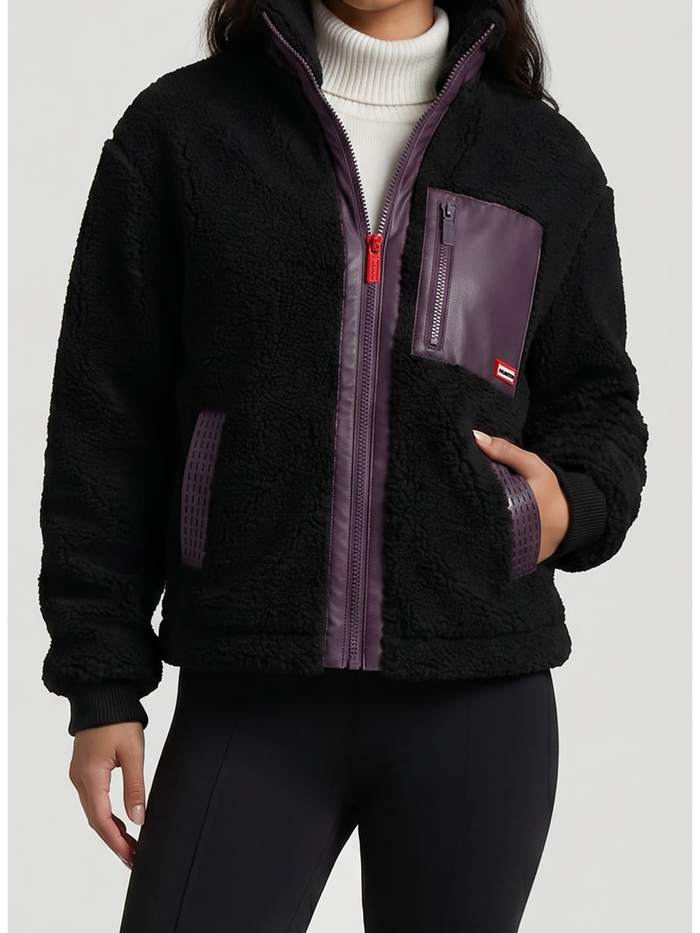 NWT HUNTER Emma High Pile Fleece Jacket - Black with Purple Trims